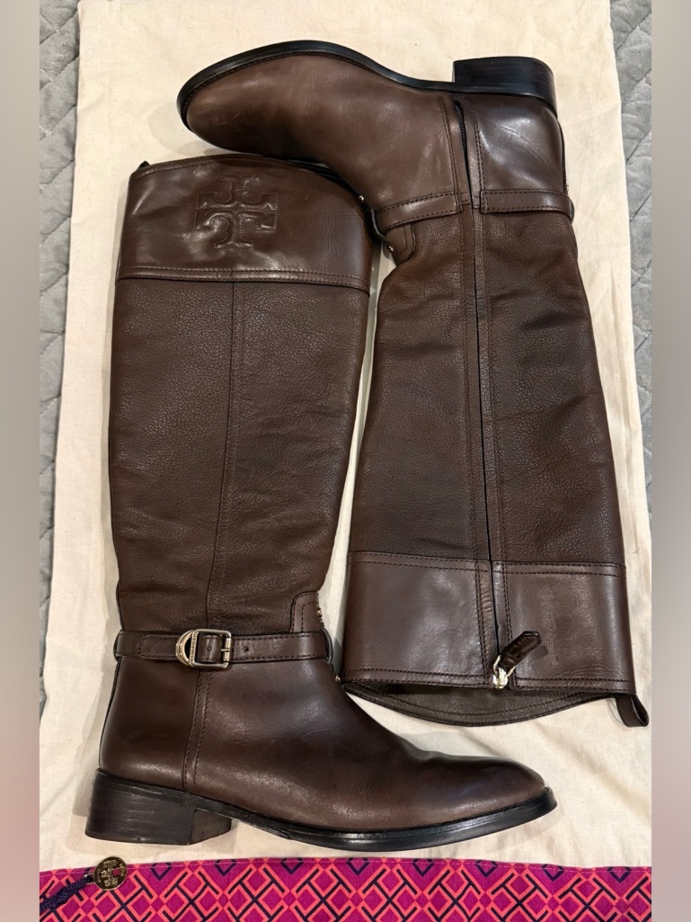 Tory Burch Dark Brown Leather Tall Riding Boots with Logo *Excellent*!